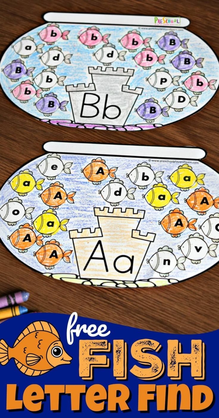 Finish the Fish Alphabet worksheet for practicing lowercase letters with a sea theme, image 17 Kindergarten worksheet showing fish with missing lowercase letters to complete the alphabet