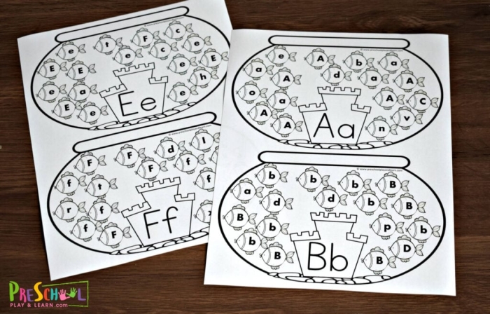 Finish the Fish Alphabet activity for young learners practicing letters in an ocean theme Kindergarten worksheet showing fish with missing lowercase alphabet letters to complete