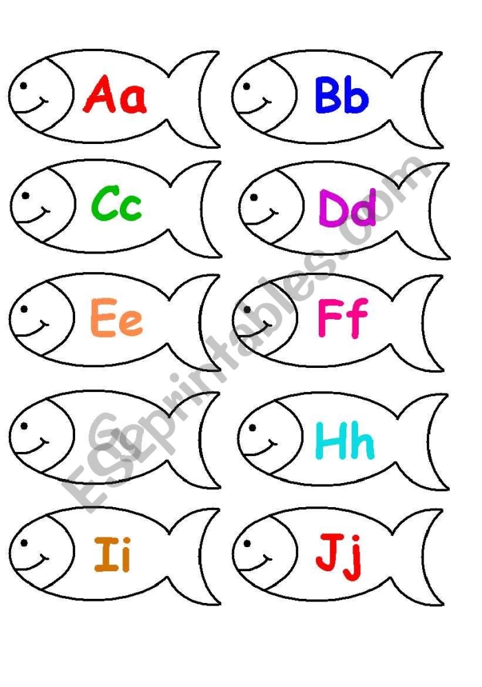 Ocean-themed Finish the Fish Alphabet worksheet for practicing letters and letter recognition Kindergarten worksheet featuring fish with missing lowercase letters to complete the alphabet