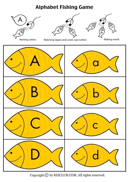 Finish the Fish Alphabet worksheet for practicing lowercase letters with an ocean theme Kindergarten worksheet showing fish with missing lowercase letters to complete the alphabet