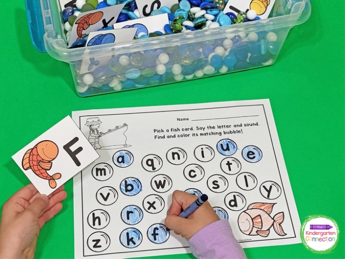 Finish the Fish Alphabet worksheet for young learners practicing letter recognition Kindergarten worksheet showing a fish-themed alphabet activity for lowercase letters