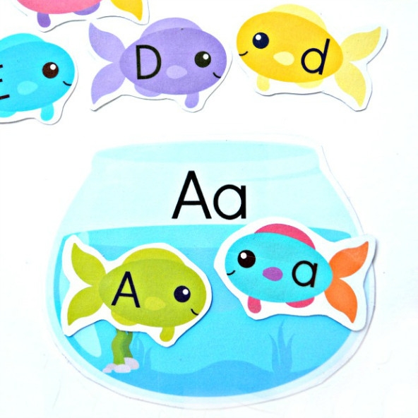 Ocean-themed Finish the Fish Alphabet worksheet for practicing lowercase letters with young learners, image 10 Kindergarten students completing the Finish the Fish Alphabet worksheet by filling in missing lowercase letters on fish