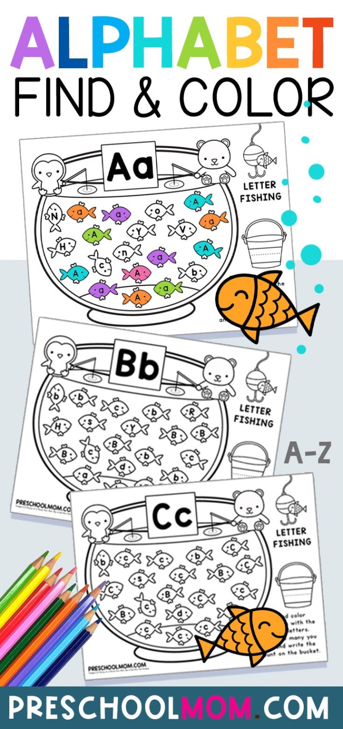 Ocean alphabet activity for young learners to complete missing letters on fish illustrations Kindergarten worksheet showing fish with missing lowercase letters for alphabet practice