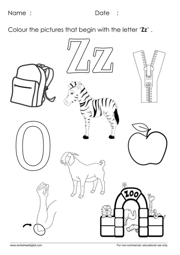 Preschool worksheet featuring the letter Z with coloring activities to teach alphabet sounds