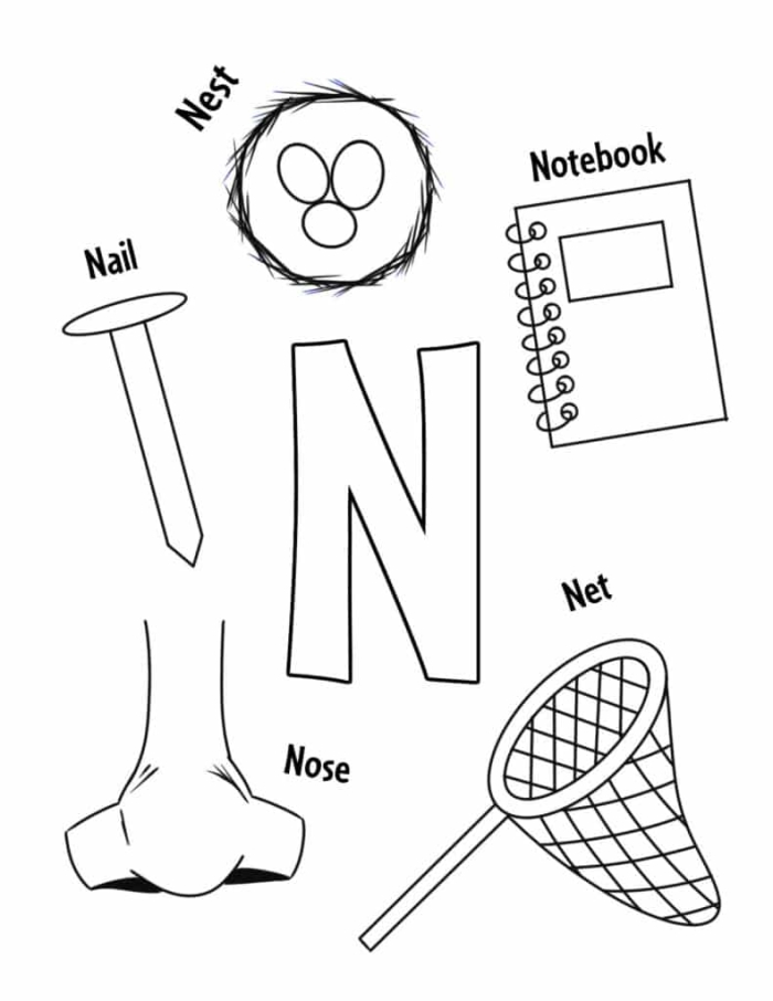 N is For worksheet designed for early reading and fun learning activities Preschooler coloring a letter N worksheet to learn the alphabet and sounds
