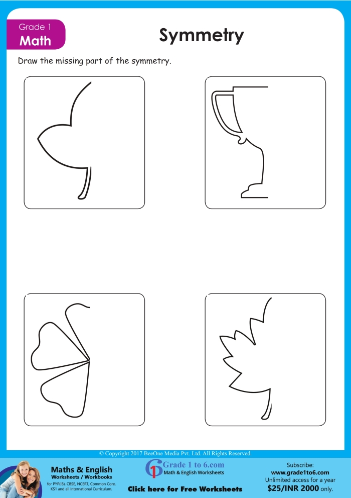 Third grade worksheet showing letters with lines of symmetry for practicing alphabet symmetry