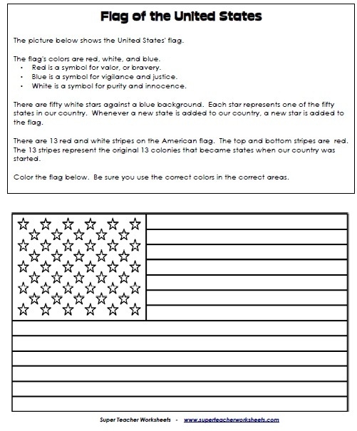 First Grade worksheet featuring the American flag and eagle for a history lesson