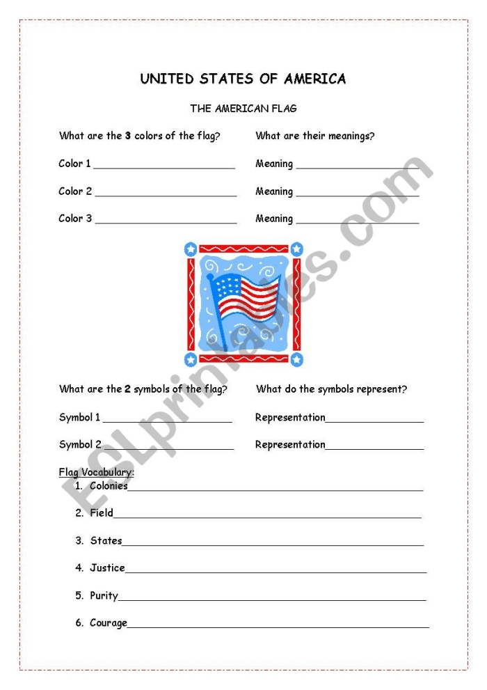 First Grade worksheet featuring the American flag and eagle for history class