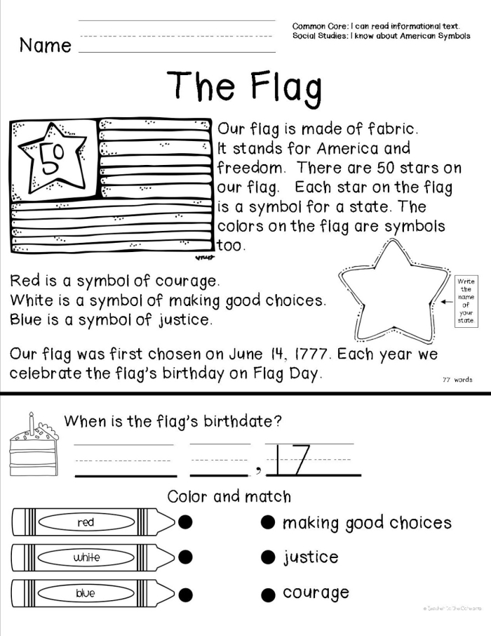 First Grade worksheet featuring the American flag and eagle symbols for learning