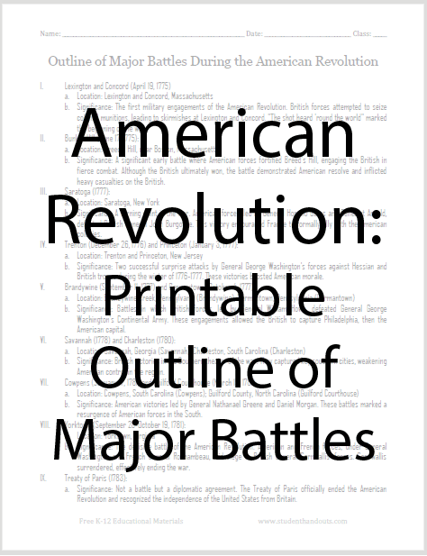 American Revolution Battles practice sheet for fifth graders with dates and details of historical conflicts Fifth grade worksheet featuring mixed operations questions about key battles of the American Revolution