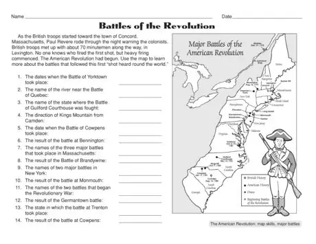 American Revolution Battles exercise for fifth graders with mixed operations and timeline challenges 23 Fifth grade worksheet featuring American Revolution battles with dates and operations practice