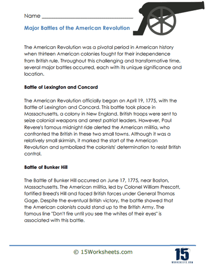 American Revolution Battles worksheet for mixed operations practice, image 21 Fifth grade worksheet on key battles of the American Revolution with dates and years