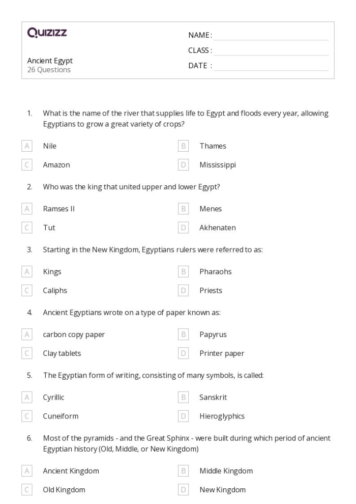 Third Grade Ancient Egypt worksheet featuring word search, quiz, and word scramble activities