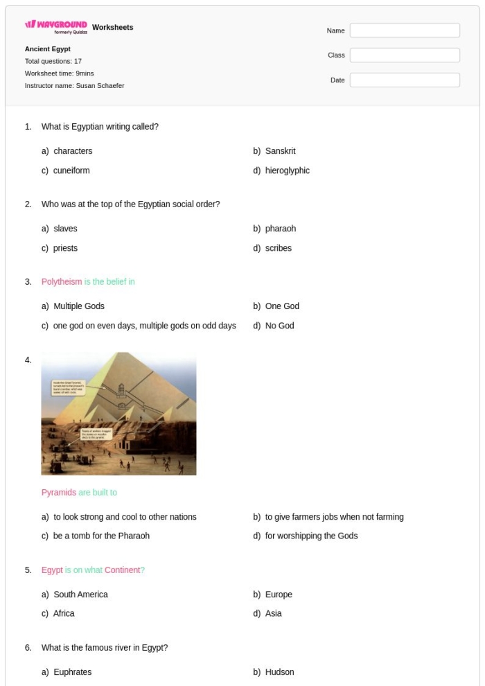 Third grade worksheet featuring a word search and quiz on Ancient Egypt history