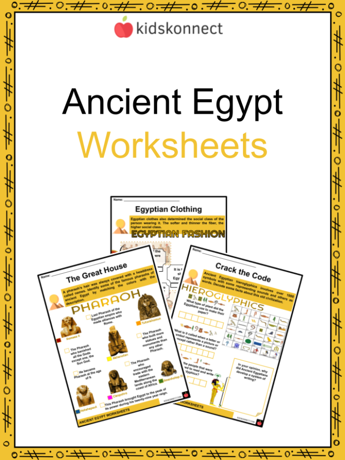 Third grade worksheet featuring ancient Egypt quiz, word scramble, and word search activities