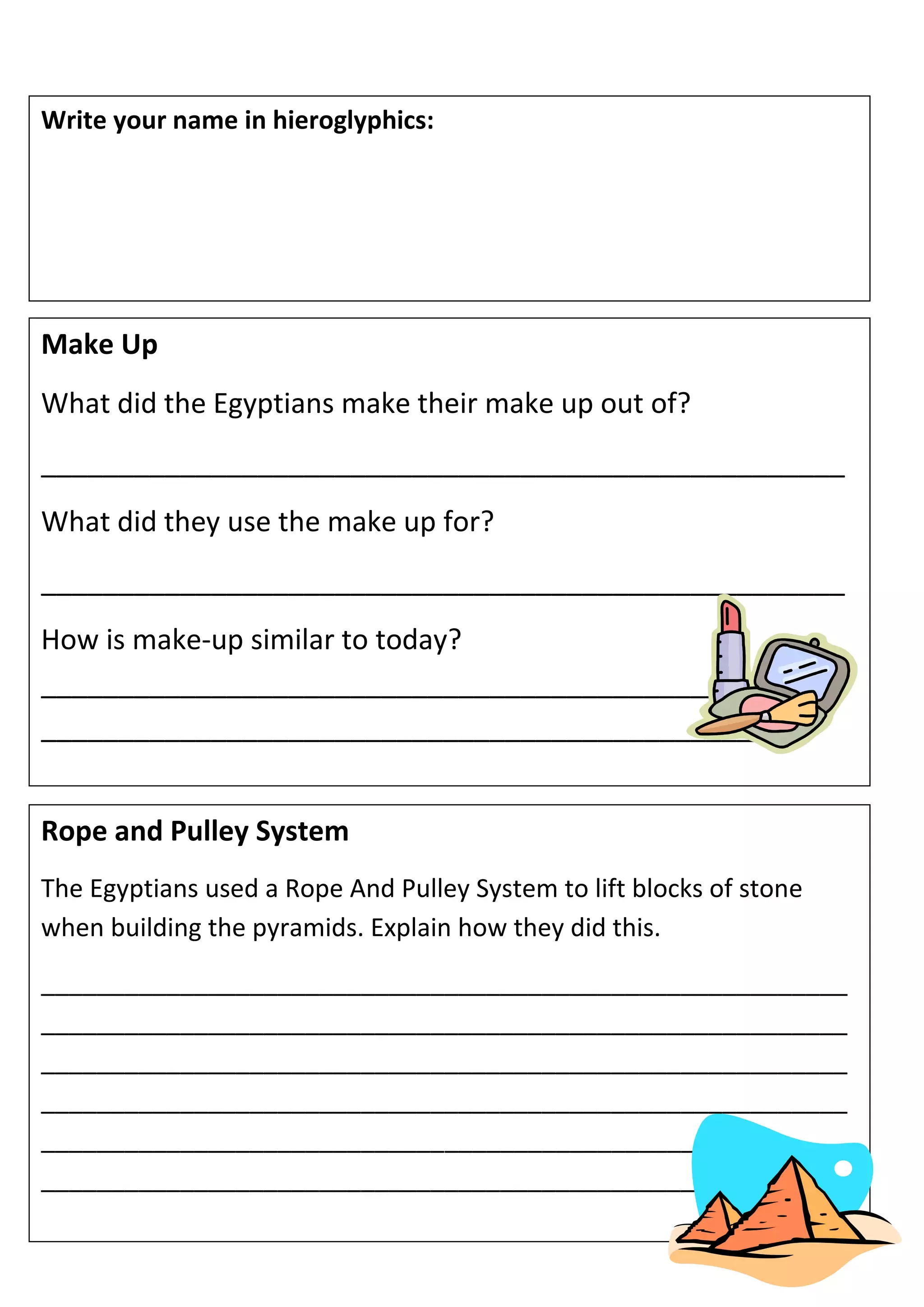 Third grade worksheet featuring a word search, quiz, and word scramble about ancient Egypt