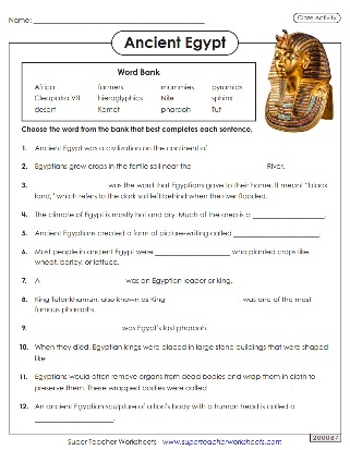 Third grade Ancient Egypt worksheet featuring a word search, quiz, and word scramble
