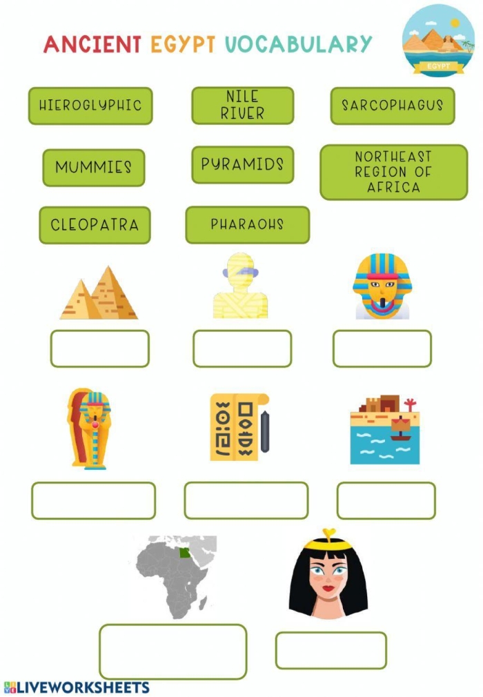 Third Grade All About Ancient Egypt worksheet featuring a word search, quiz, and word scramble