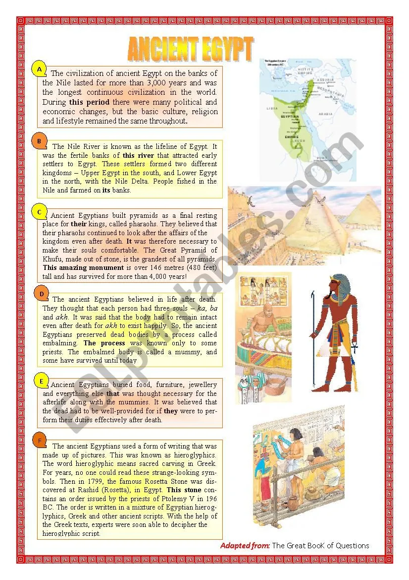 Third Grade Ancient Egypt worksheet featuring a word search, quiz, and word scramble activities