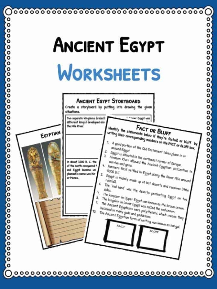 Third grade worksheet featuring a word search and quiz on ancient Egypt