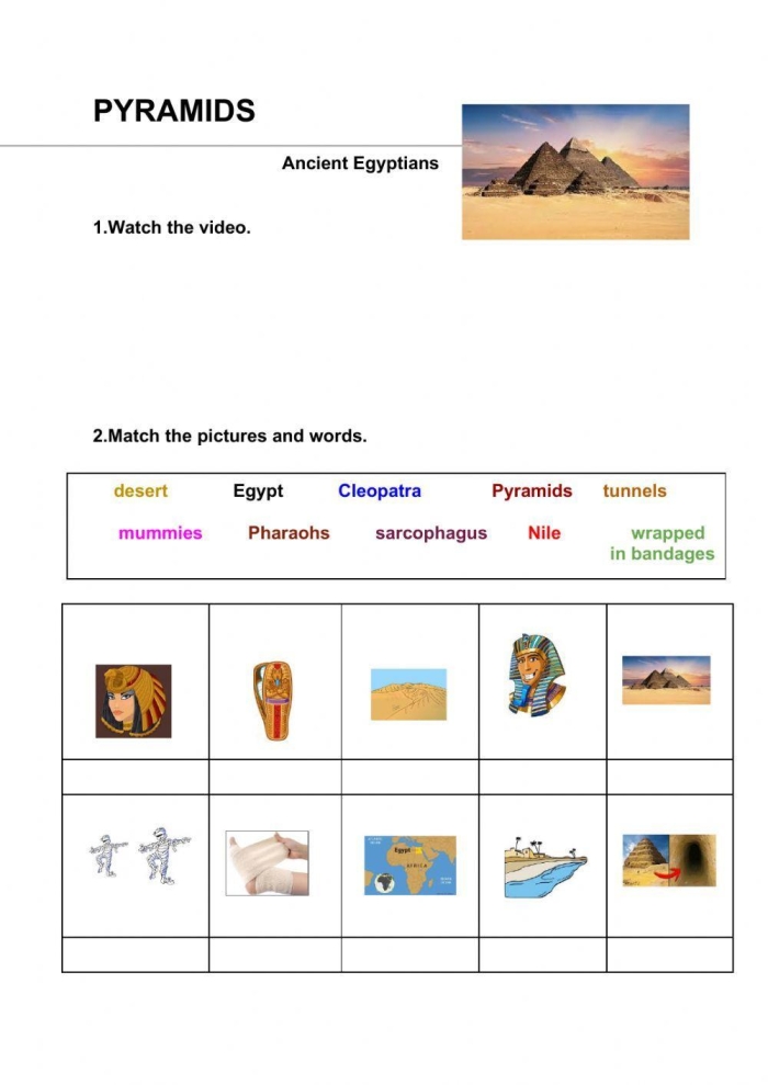 Third grade All About Ancient Egypt worksheet featuring a word search, quiz, and word scramble