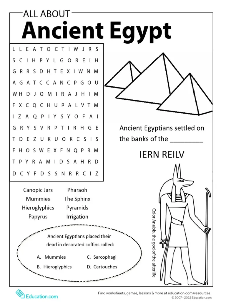 Third grade student completing an All About Ancient Egypt worksheet with word search and quiz activities