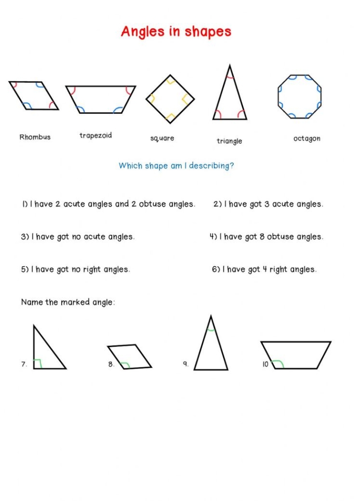 Third Grade worksheet focusing on finding angles in various 2D shapes for addition practice