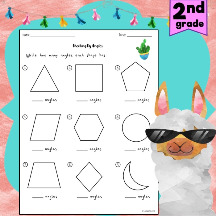 Third Grade worksheet on angles in various two-dimensional shapes for addition practice