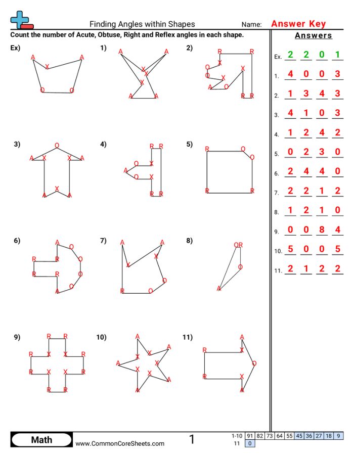Third Grade worksheet for practicing angles in 2D shapes with addition exercises