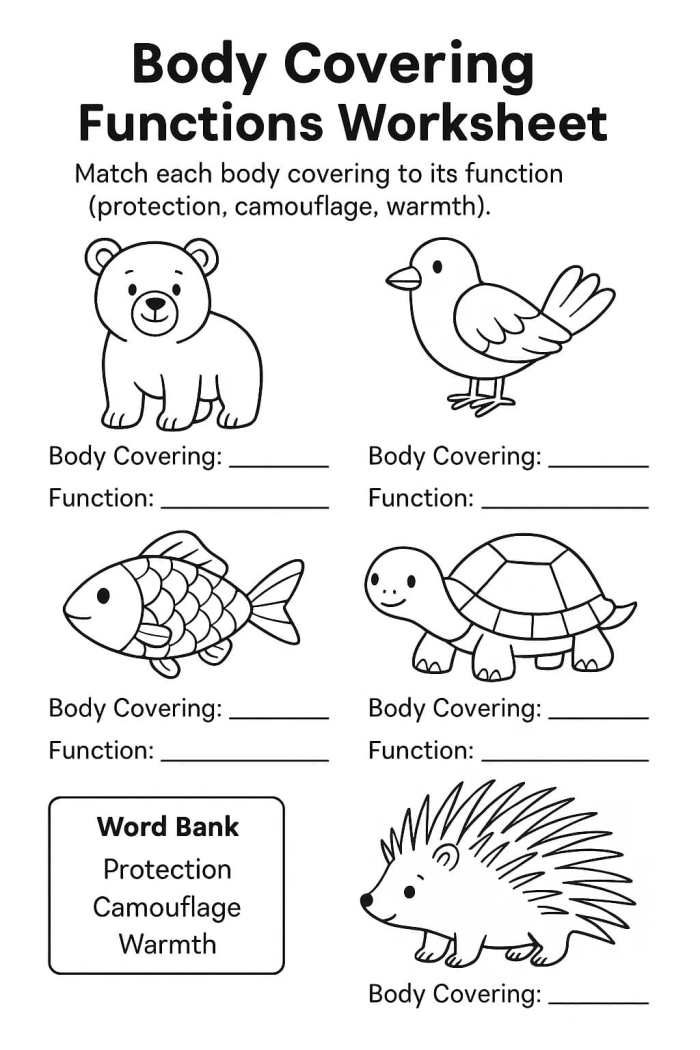 Colorful illustration of various animals showcasing their different body coverings for a worksheet. Animal Body Coverings sorting activity for first graders.