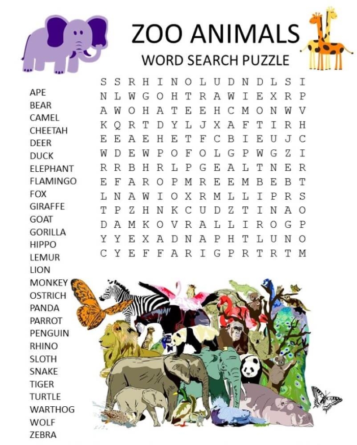 Animal Word Search worksheet featuring various mammals for second graders