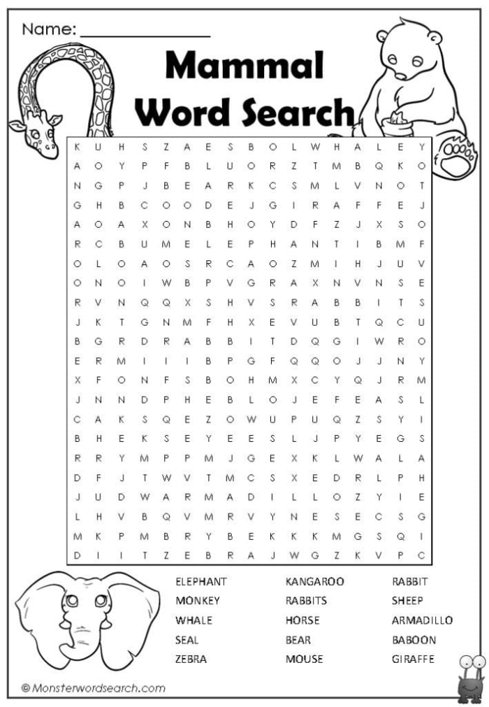 Animal Word Search worksheet featuring various mammals for second graders