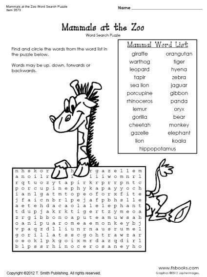 Animal word search worksheet featuring various mammals for second graders