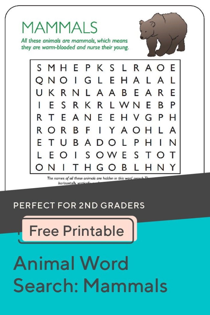 Colorful Animal Word Search worksheet featuring various mammals for second graders