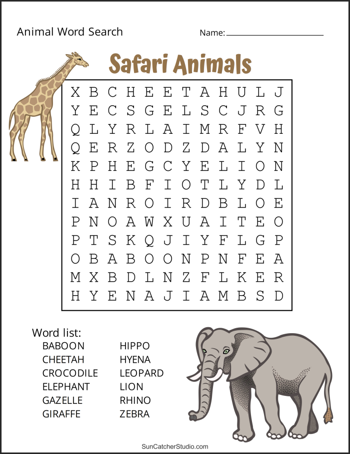 Colorful animal word search worksheet featuring mammals for second graders