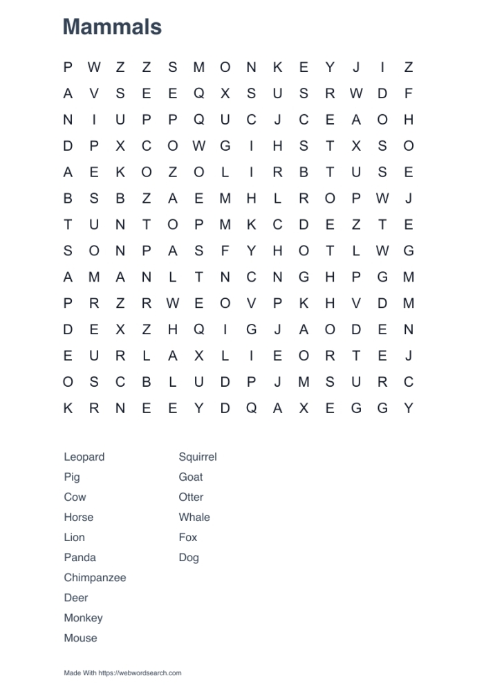 Animal Word Search worksheet featuring various mammals for second graders