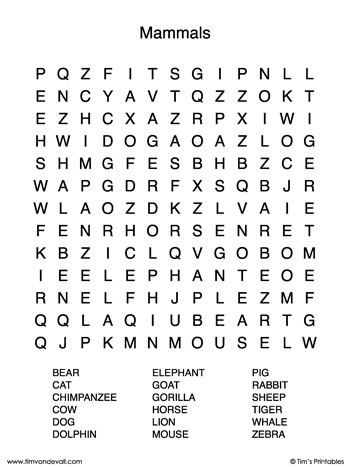Animal Word Search worksheet featuring various mammals for second graders