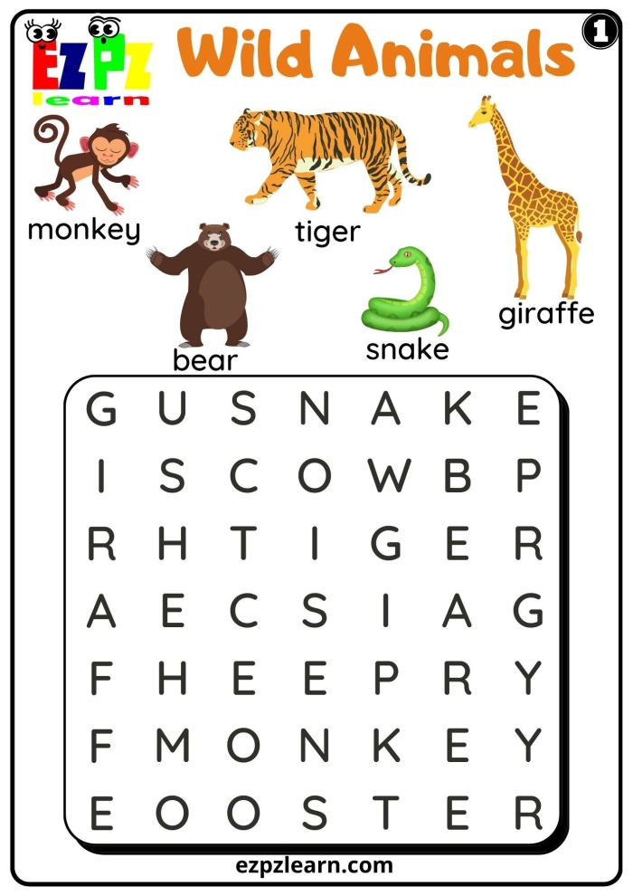 Animal word search worksheet featuring various mammals for second graders