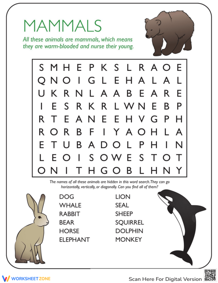 Animal Word Search worksheet featuring various mammals for second graders