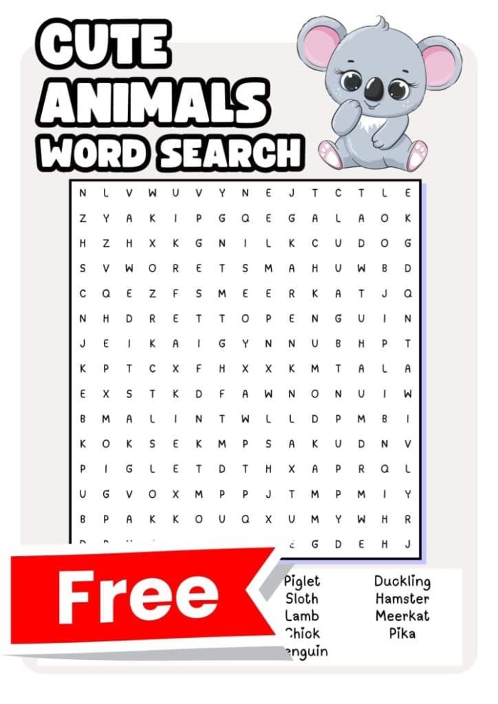 Animal Word Search worksheet featuring various mammals for second graders