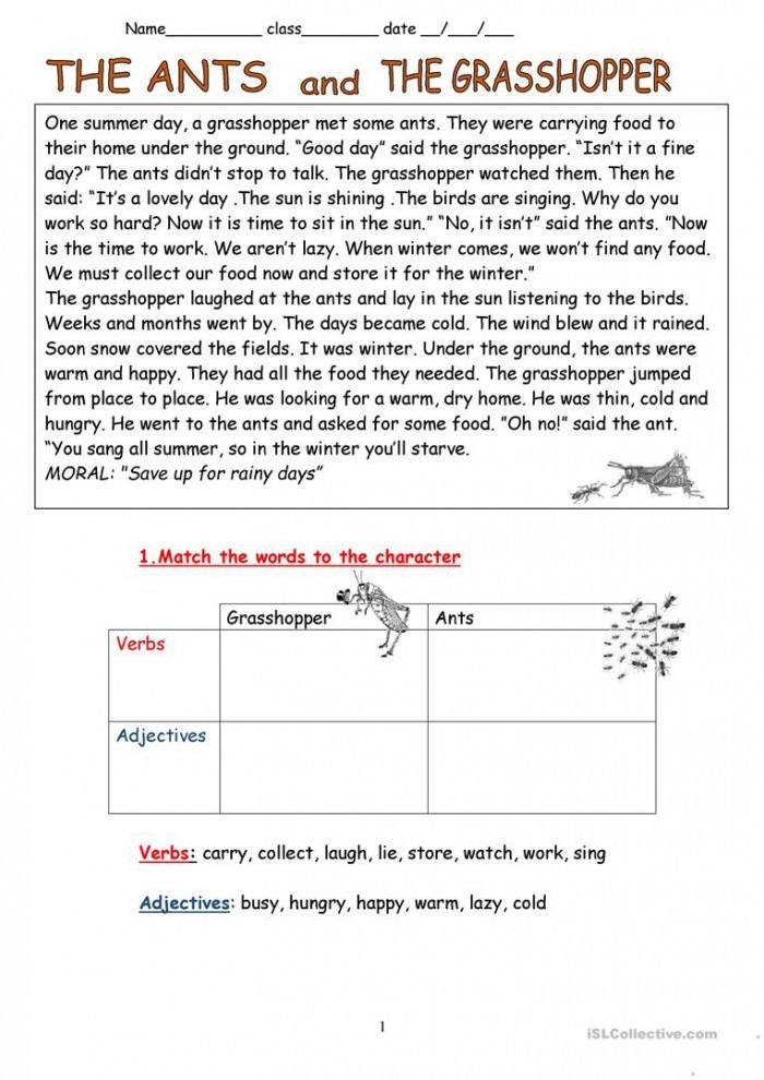 Second Grade Geometry worksheet featuring The Ant and the Grasshopper fable for comprehension and prediction skills