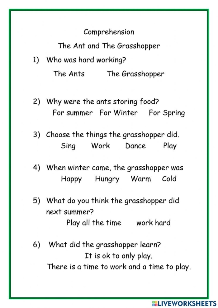 Second grade geometry worksheet featuring The Ant and the Grasshopper fable focusing on comprehension and predictions