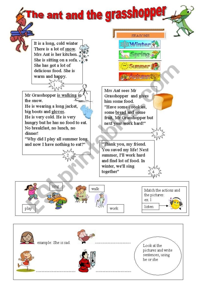 Second Grade Geometry worksheet featuring The Ant and the Grasshopper story for comprehension and prediction skills