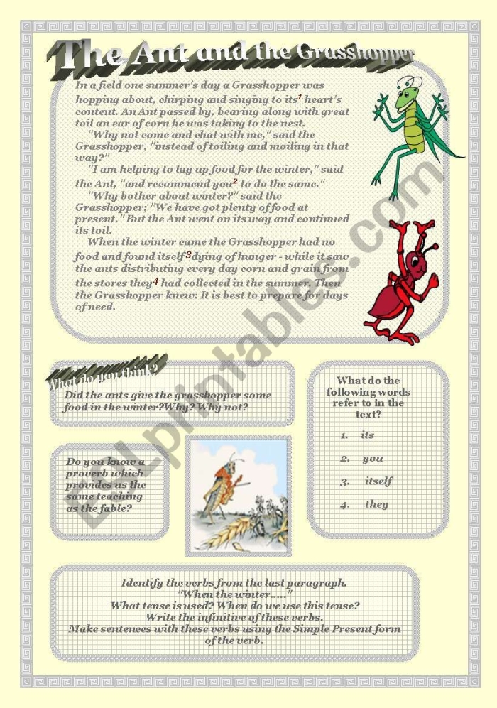 Second grade geometry worksheet featuring The Ant and the Grasshopper fable for comprehension practice