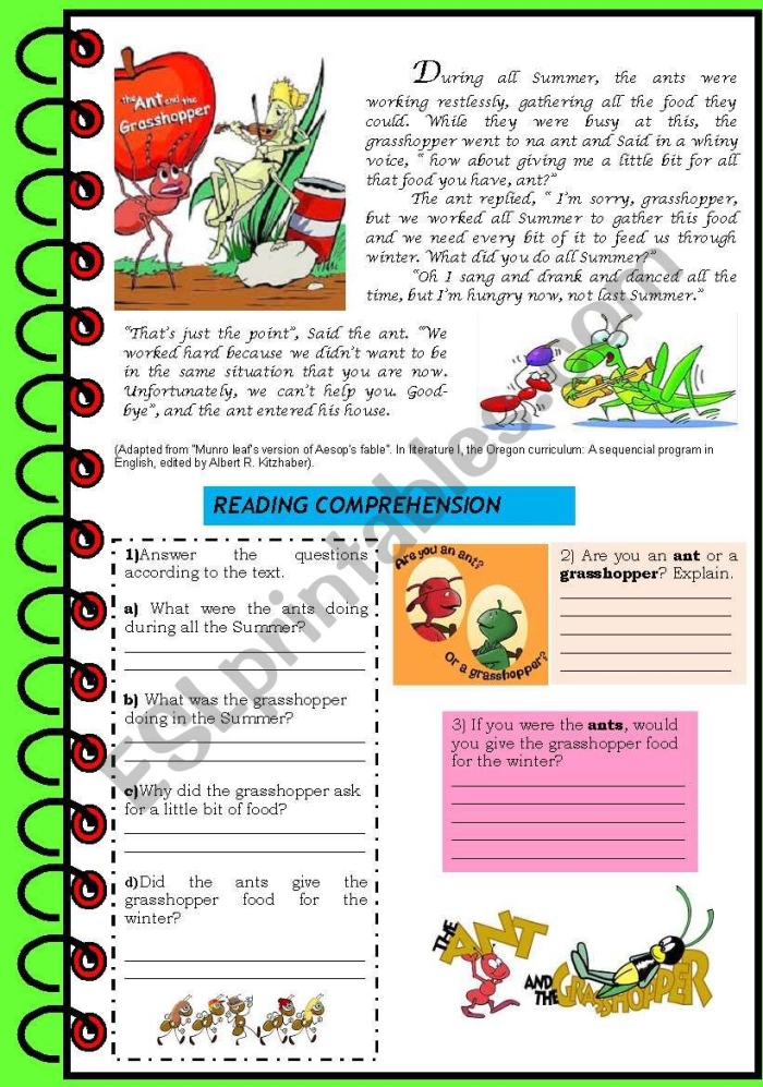 Second Grade geometry worksheet featuring The Ant and the Grasshopper fable focusing on comprehension and predictions