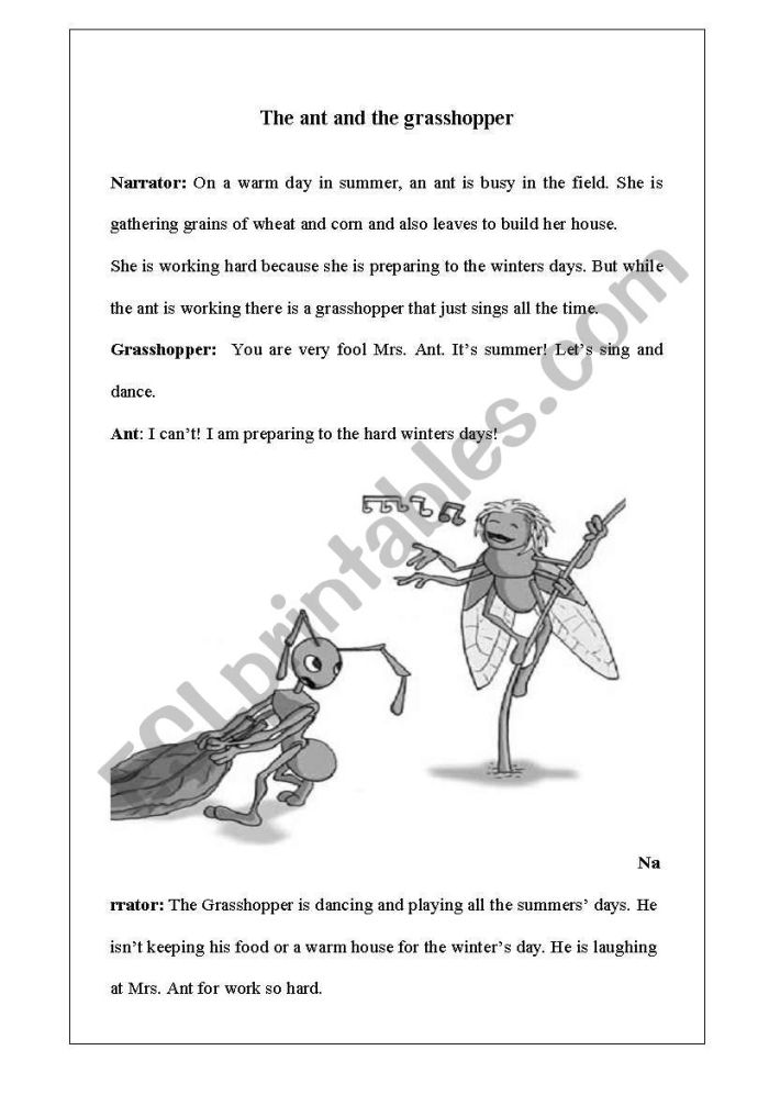 Second Grade worksheet featuring The Ant and the Grasshopper fable with geometry exercises