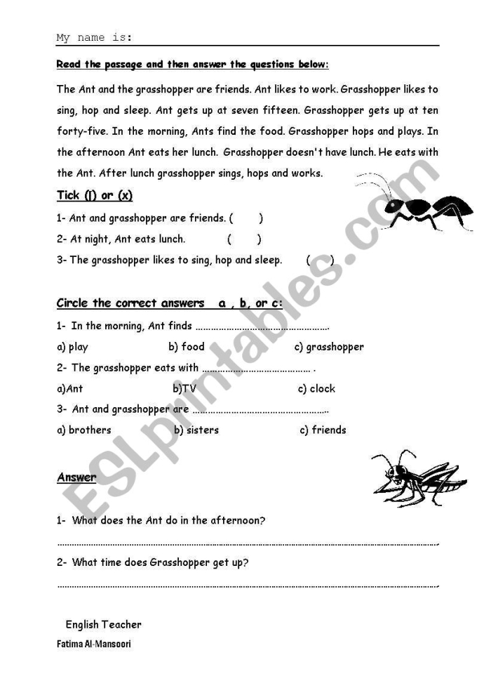 Second grade worksheet featuring The Ant and the Grasshopper story with geometry activities