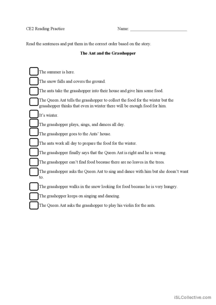 Second Grade geometry worksheet featuring The Ant and the Grasshopper story for comprehension and prediction skills