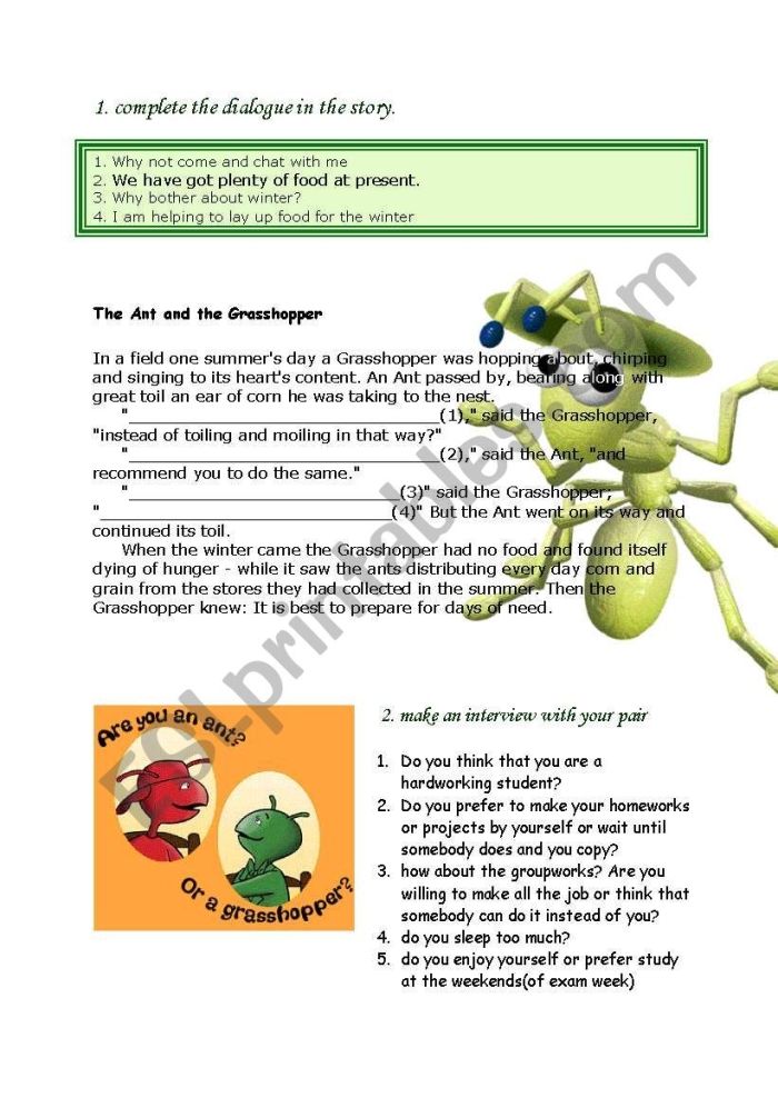 Second Grade geometry worksheet featuring The Ant and the Grasshopper fable for comprehension and prediction skills