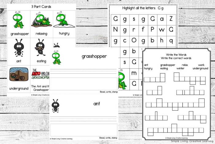 Second Grade geometry worksheet featuring The Ant and the Grasshopper fable for comprehension and prediction skills